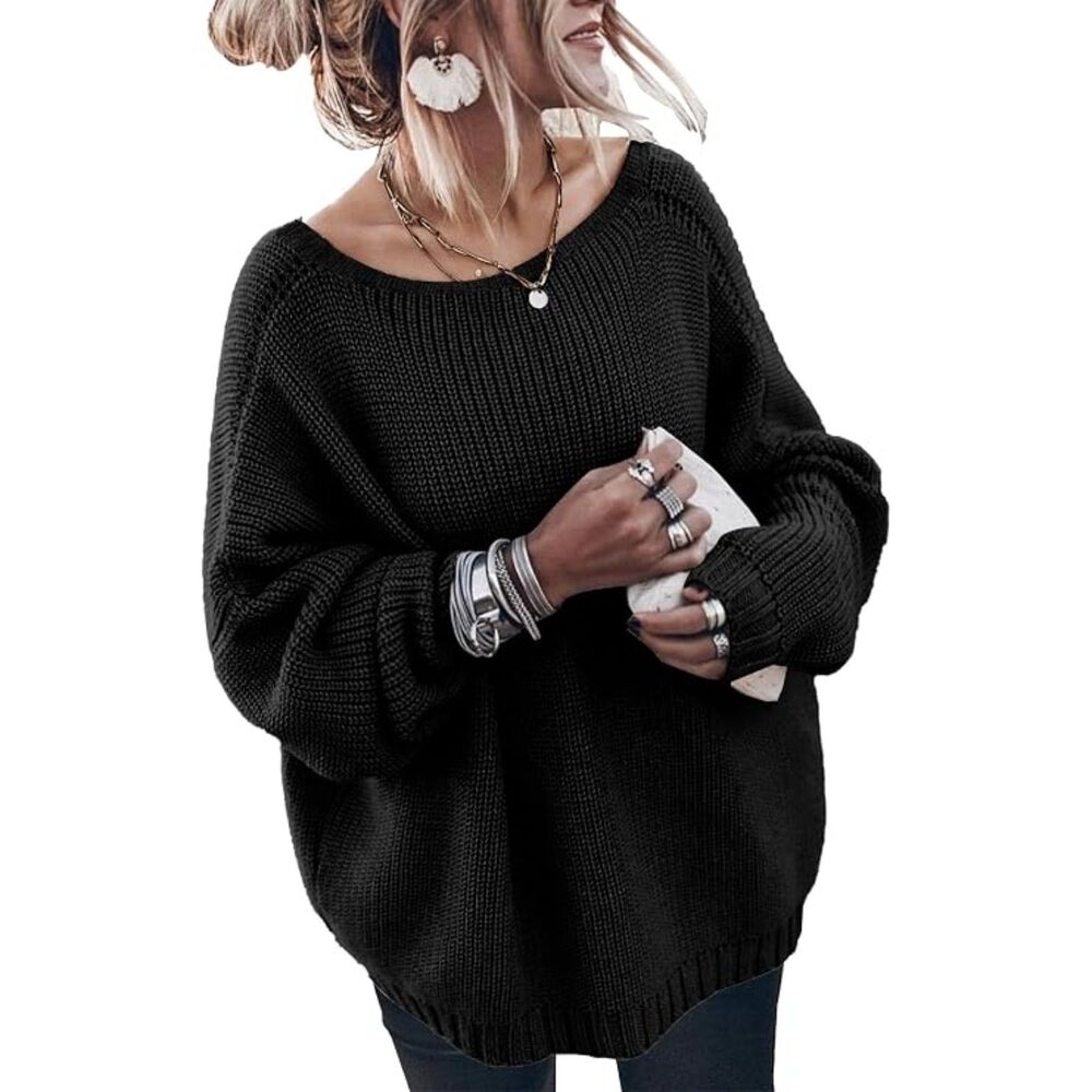 GUNEST Black Oversized Batwing Sweater | Cozy Y2K Slouchy Knit Pullover